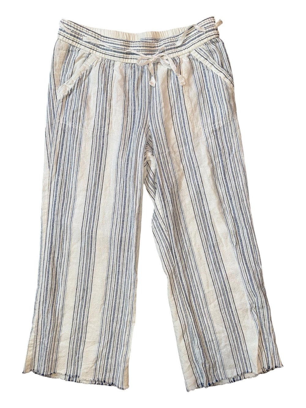Democracy Linen Blend Cream and Blue Striped Wide-Leg Cropped Pants